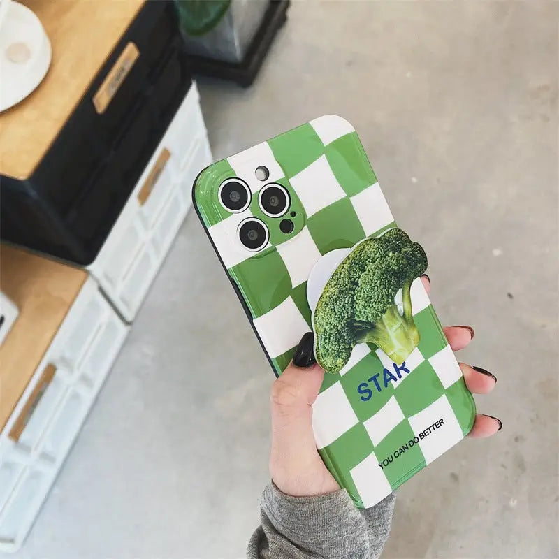 Green Grid Printing With Broccoli Holder iPhone Case BP305 -