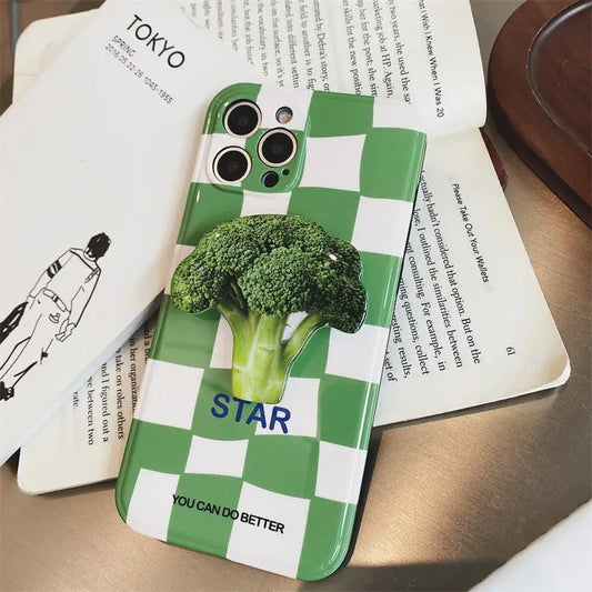 Green Grid Printing With Broccoli Holder iPhone Case BP305 -