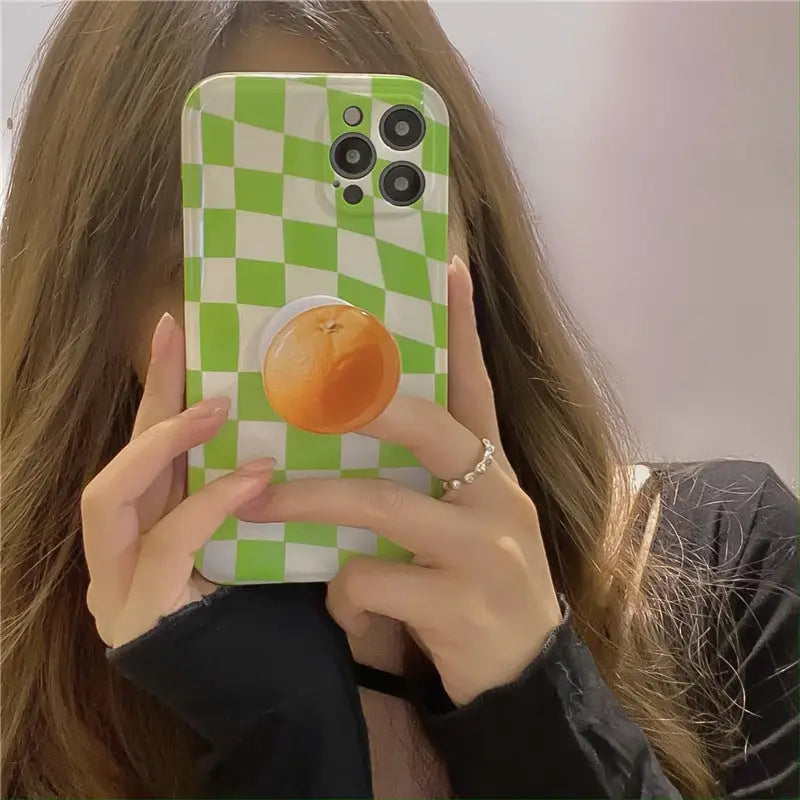 Green Grid Printing With Orange Holder iPhone Case BP274 - 