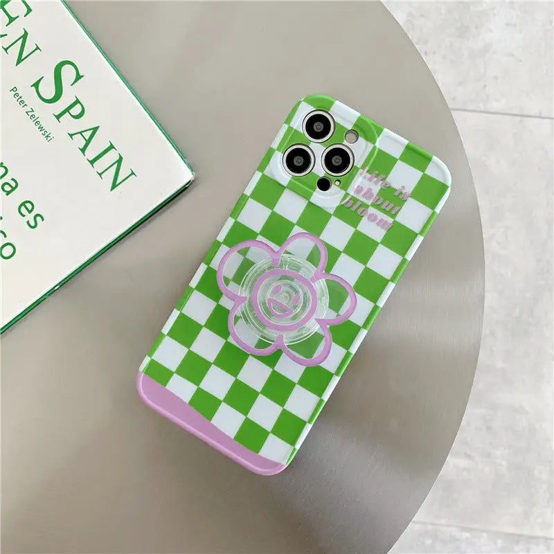 Green Grid Printing With Smile Flower Holder iPhone Case 