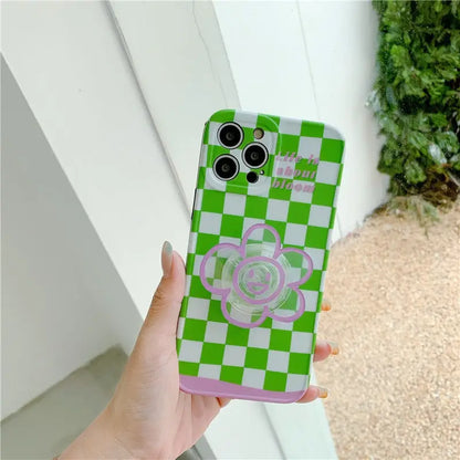 Green Grid Printing With Smile Flower Holder iPhone Case 