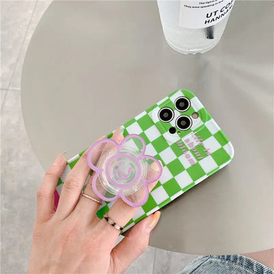 Green Grid Printing With Smile Flower Holder iPhone Case 