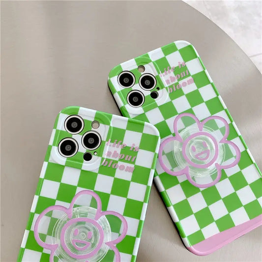 Green Grid Printing With Smile Flower Holder iPhone Case 