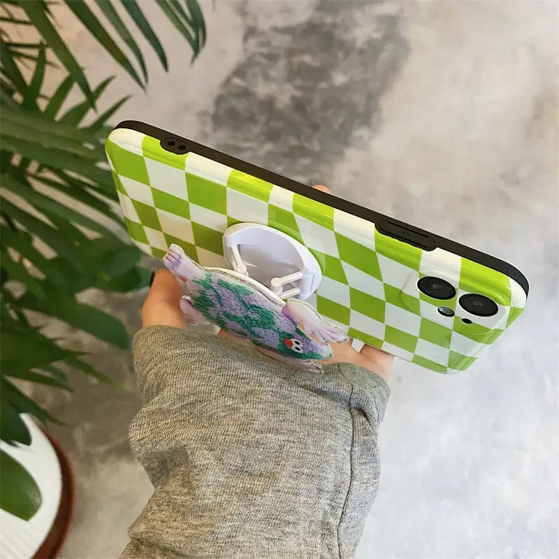 Green/White Grid With Cartoon Monster Holder iPhone Case 