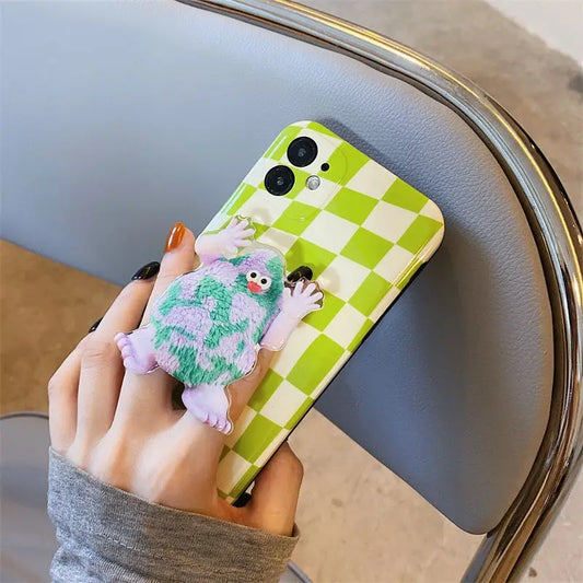 Green/White Grid With Cartoon Monster Holder iPhone Case 