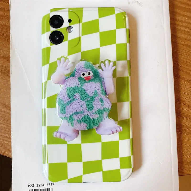 Green/White Grid With Cartoon Monster Holder iPhone Case 
