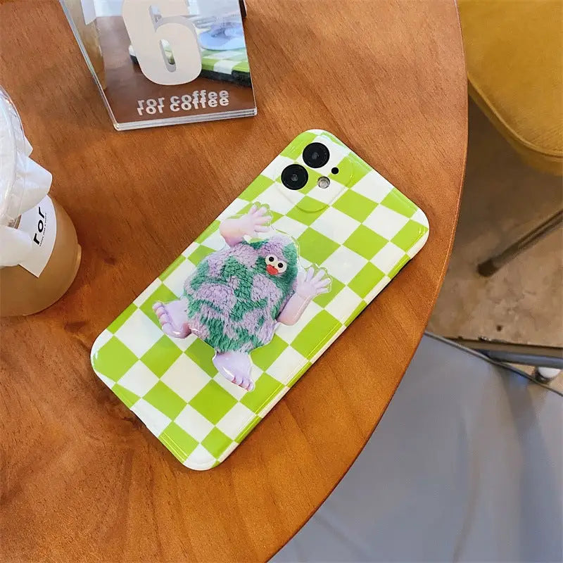 Green/White Grid With Cartoon Monster Holder iPhone Case 