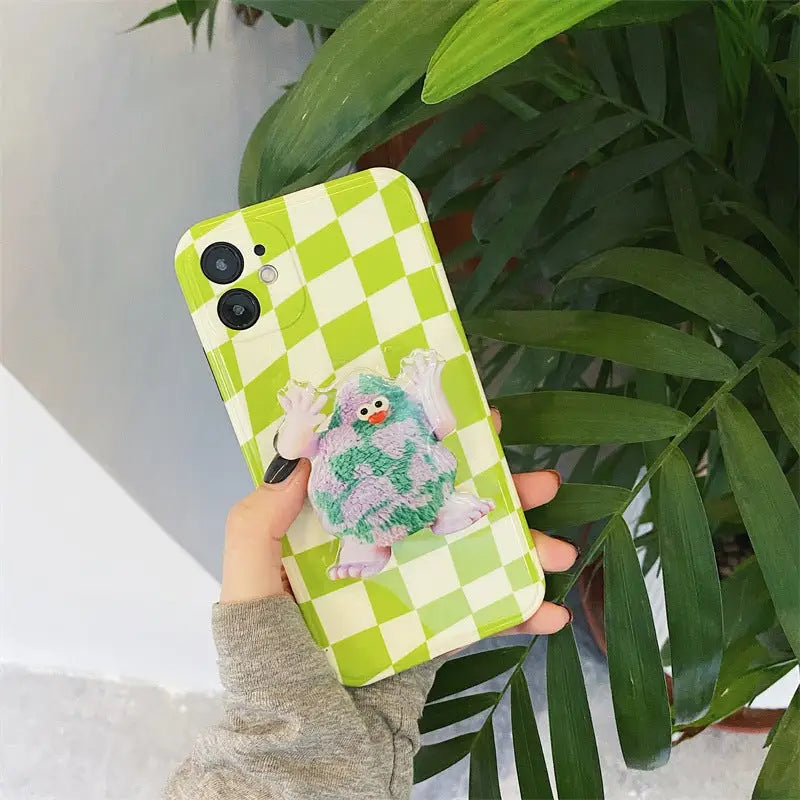 Green/White Grid With Cartoon Monster Holder iPhone Case 