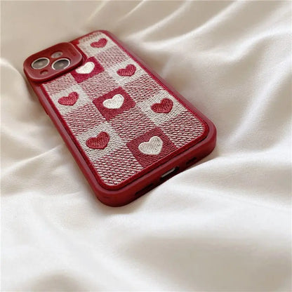 Heart Embroidery Plaid Phone Case - iPhone 13 Pro Max / 13 