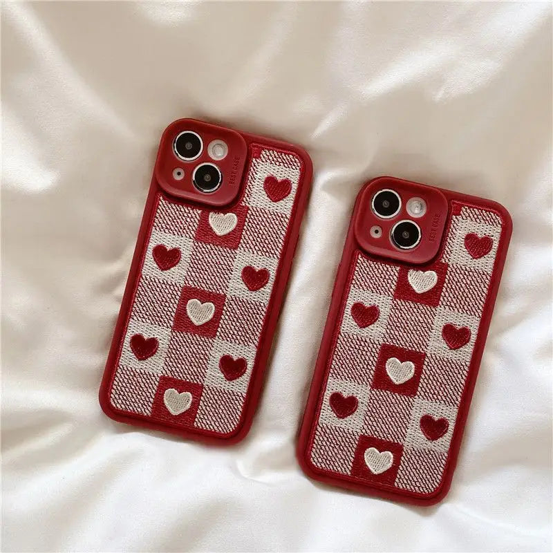 Heart Embroidery Plaid Phone Case - iPhone 13 Pro Max / 13 