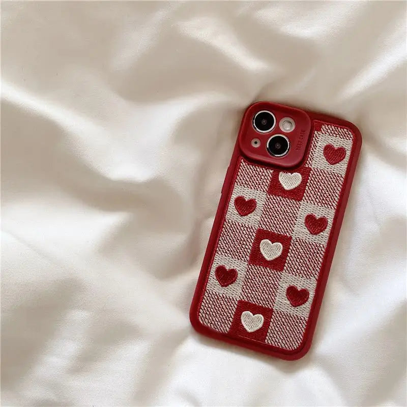 Heart Embroidery Plaid Phone Case - iPhone 13 Pro Max / 13 