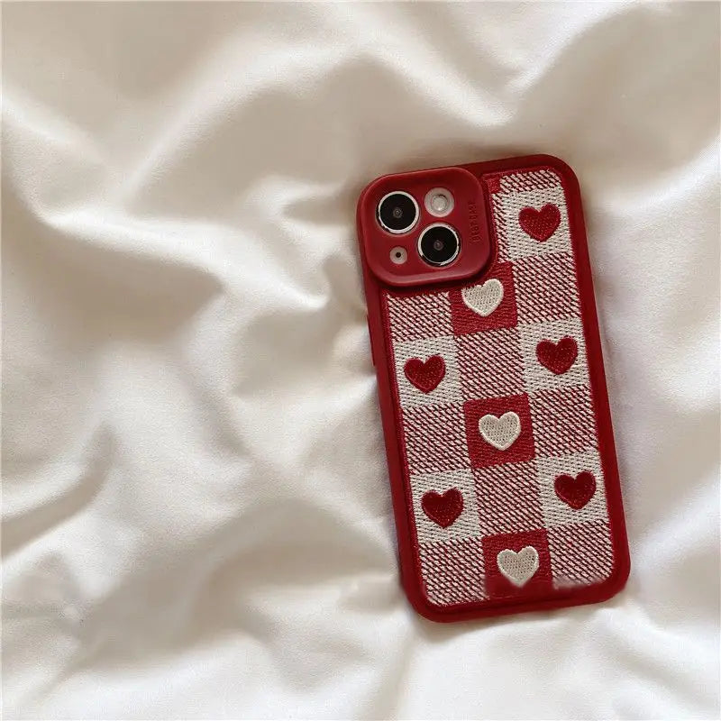 Heart Embroidery Plaid Phone Case - iPhone 13 Pro Max / 13 Pro / 13 / 13 mini / 12 Pro Max / 12 Pro / 12 / 12 mini / 11 Pro Max / 11 Pro / 11 / SE / XS Max / XS / XR / X / SE 2 / 8 / 8 Plus / 7 / 7 Plus-3
