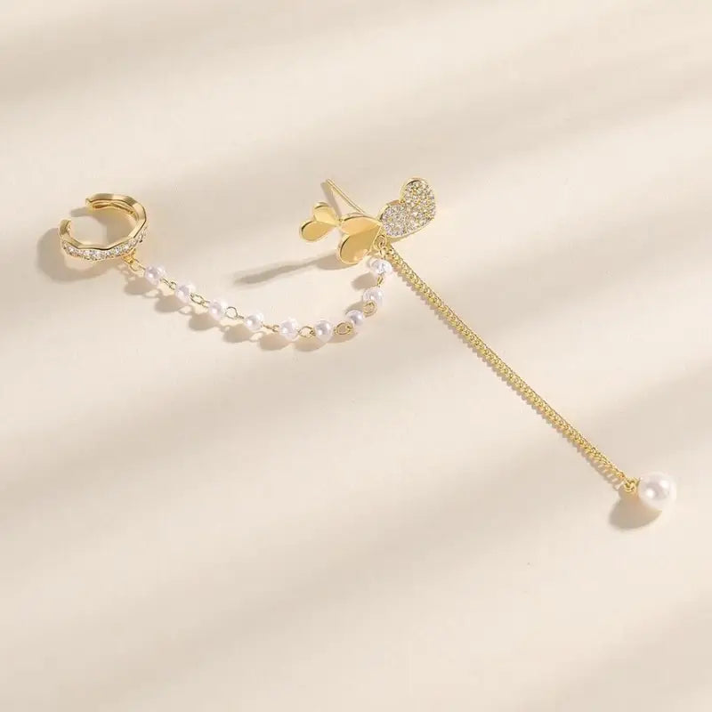 Heart Faux Pearl Chained Alloy Dangle Earring Wd59 - Gold / 