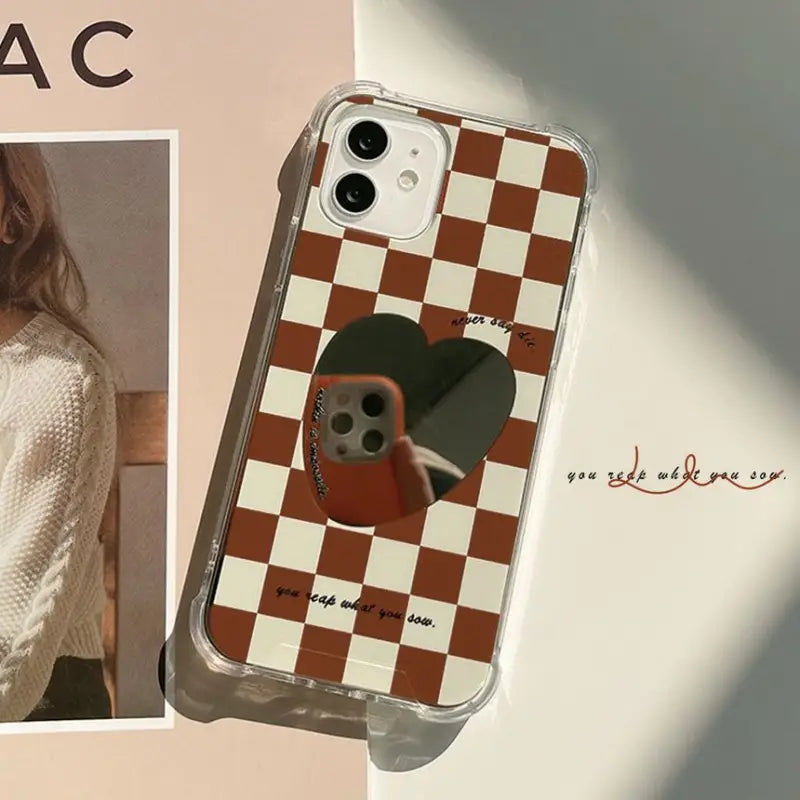 Heart Mirrored Check Phone Case - iPhone 13 Pro Max / 13 Pro / 13 / 13 mini / 12 Pro Max / 12 Pro / 12 / 12 mini / 11 Pro Max / 11 Pro / 11 / SE / XS Max / XS / XR / X / SE 2 / 8 / 8 Plus / 7 / 7 Plus-5