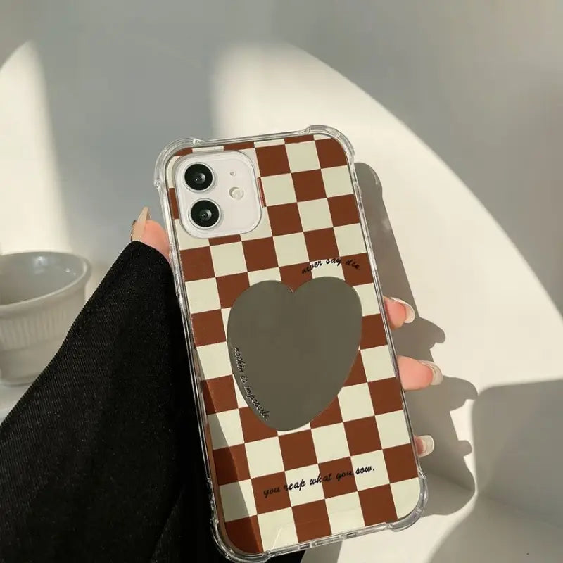 Heart Mirrored Check Phone Case - iPhone 13 Pro Max / 13 Pro / 13 / 13 mini / 12 Pro Max / 12 Pro / 12 / 12 mini / 11 Pro Max / 11 Pro / 11 / SE / XS Max / XS / XR / X / SE 2 / 8 / 8 Plus / 7 / 7 Plus-13