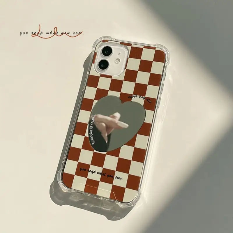 Heart Mirrored Check Phone Case - iPhone 13 Pro Max / 13 Pro / 13 / 13 mini / 12 Pro Max / 12 Pro / 12 / 12 mini / 11 Pro Max / 11 Pro / 11 / SE / XS Max / XS / XR / X / SE 2 / 8 / 8 Plus / 7 / 7 Plus-1