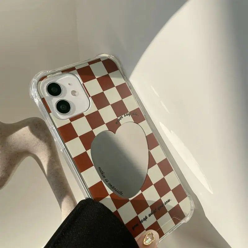 Heart Mirrored Check Phone Case - iPhone 13 Pro Max / 13 Pro / 13 / 13 mini / 12 Pro Max / 12 Pro / 12 / 12 mini / 11 Pro Max / 11 Pro / 11 / SE / XS Max / XS / XR / X / SE 2 / 8 / 8 Plus / 7 / 7 Plus-9