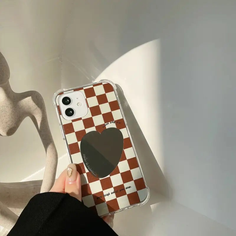 Heart Mirrored Check Phone Case - iPhone 13 Pro Max / 13 Pro / 13 / 13 mini / 12 Pro Max / 12 Pro / 12 / 12 mini / 11 Pro Max / 11 Pro / 11 / SE / XS Max / XS / XR / X / SE 2 / 8 / 8 Plus / 7 / 7 Plus-12
