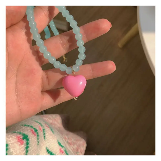 Heart Pendant Bead Choker E812 - Blue / One Size - Neck 