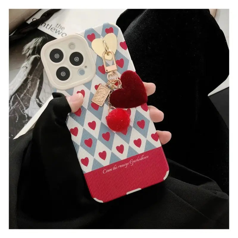 Heart Pom Pom Pendant Argyle Phone Case - iPhone 13 Pro Max / 13 Pro / 13 / 13 mini / 12 Pro Max / 12 Pro / 12 / 12 mini / 11 Pro Max / 11 Pro / 11 / SE / XS Max / XS / XR / X / SE 2 / 8 / 8 Plus / 7 / 7 Plus / 6 / 6 Plus-8