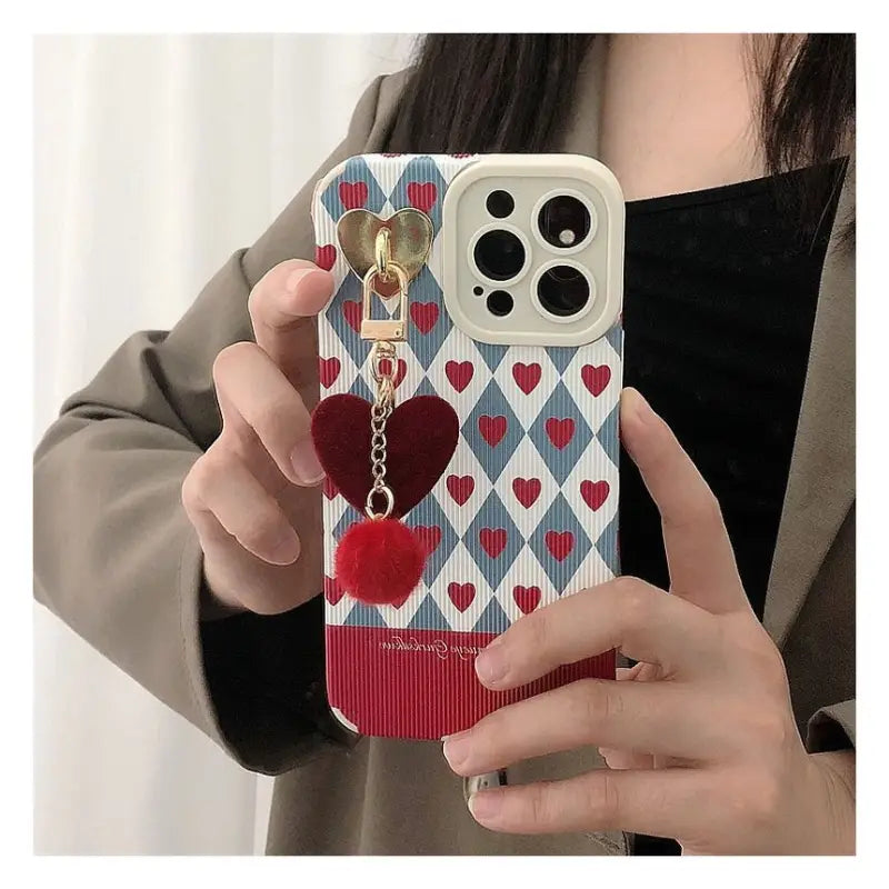 Heart Pom Pom Pendant Argyle Phone Case - iPhone 13 Pro Max / 13 Pro / 13 / 13 mini / 12 Pro Max / 12 Pro / 12 / 12 mini / 11 Pro Max / 11 Pro / 11 / SE / XS Max / XS / XR / X / SE 2 / 8 / 8 Plus / 7 / 7 Plus / 6 / 6 Plus-2