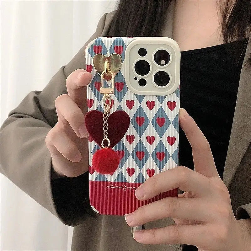 Heart Pom Pom Pendant Argyle Phone Case - iPhone 13 Pro Max / 13 Pro / 13 / 13 mini / 12 Pro Max / 12 Pro / 12 / 12 mini / 11 Pro Max / 11 Pro / 11 / SE / XS Max / XS / XR / X / SE 2 / 8 / 8 Plus / 7 / 7 Plus / 6 / 6 Plus-16