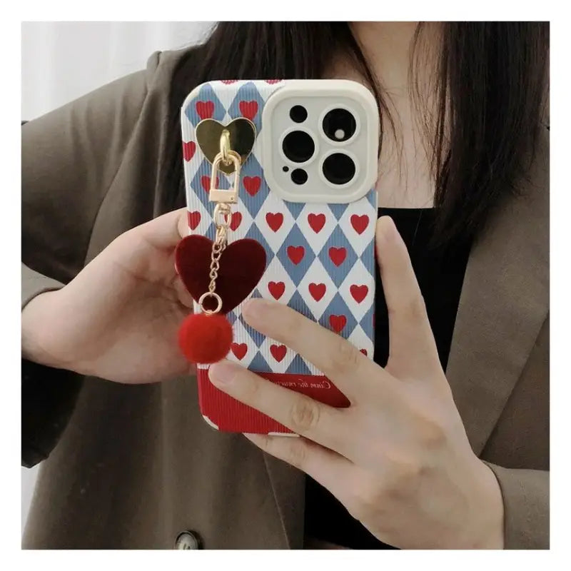 Heart Pom Pom Pendant Argyle Phone Case - iPhone 13 Pro Max / 13 Pro / 13 / 13 mini / 12 Pro Max / 12 Pro / 12 / 12 mini / 11 Pro Max / 11 Pro / 11 / SE / XS Max / XS / XR / X / SE 2 / 8 / 8 Plus / 7 / 7 Plus / 6 / 6 Plus-4