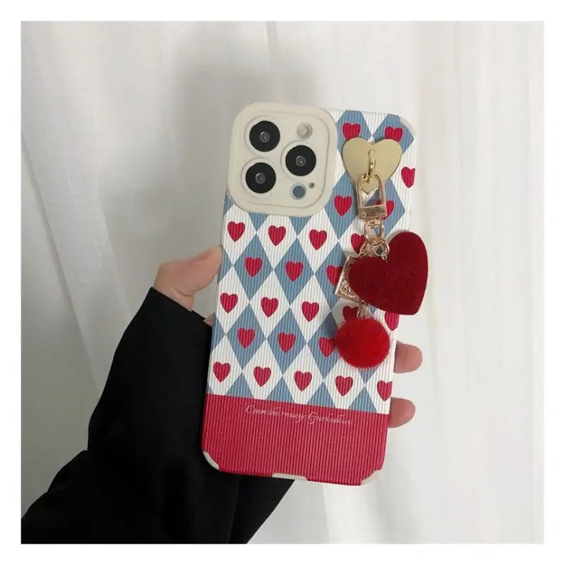 Heart Pom Pom Pendant Argyle Phone Case - iPhone 13 Pro Max / 13 Pro / 13 / 13 mini / 12 Pro Max / 12 Pro / 12 / 12 mini / 11 Pro Max / 11 Pro / 11 / SE / XS Max / XS / XR / X / SE 2 / 8 / 8 Plus / 7 / 7 Plus / 6 / 6 Plus-5