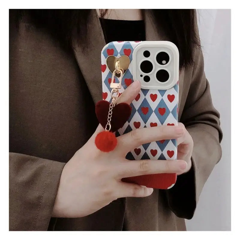 Heart Pom Pom Pendant Argyle Phone Case - iPhone 13 Pro Max / 13 Pro / 13 / 13 mini / 12 Pro Max / 12 Pro / 12 / 12 mini / 11 Pro Max / 11 Pro / 11 / SE / XS Max / XS / XR / X / SE 2 / 8 / 8 Plus / 7 / 7 Plus / 6 / 6 Plus-3