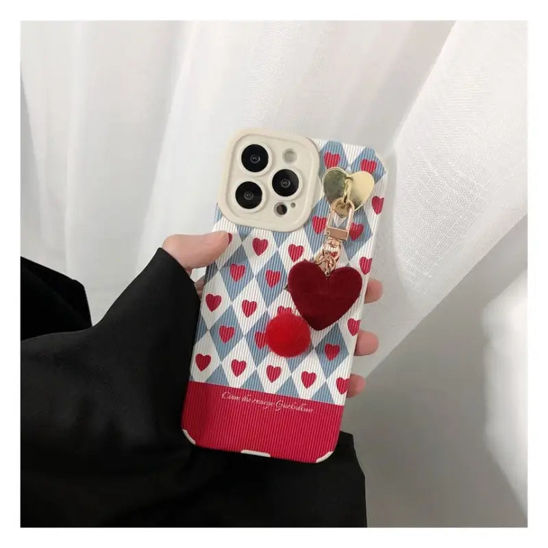 Heart Pom Pom Pendant Argyle Phone Case - iPhone 13 Pro Max / 13 Pro / 13 / 13 mini / 12 Pro Max / 12 Pro / 12 / 12 mini / 11 Pro Max / 11 Pro / 11 / SE / XS Max / XS / XR / X / SE 2 / 8 / 8 Plus / 7 / 7 Plus / 6 / 6 Plus-6