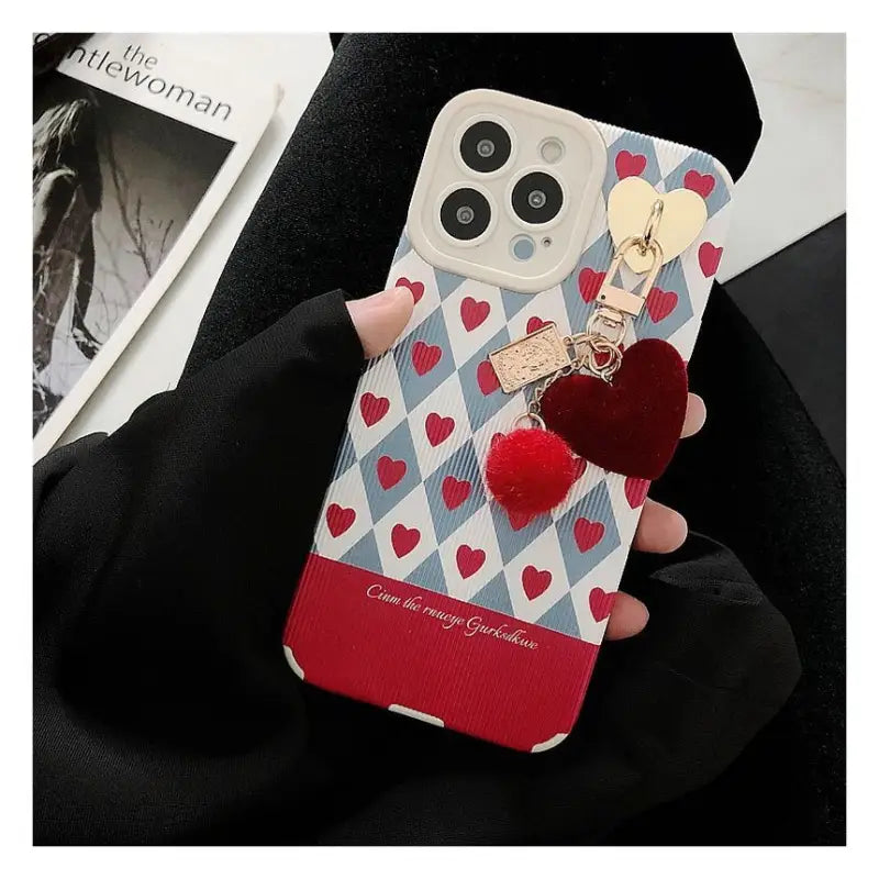 Heart Pom Pom Pendant Argyle Phone Case - iPhone 13 Pro Max / 13 Pro / 13 / 13 mini / 12 Pro Max / 12 Pro / 12 / 12 mini / 11 Pro Max / 11 Pro / 11 / SE / XS Max / XS / XR / X / SE 2 / 8 / 8 Plus / 7 / 7 Plus / 6 / 6 Plus-7