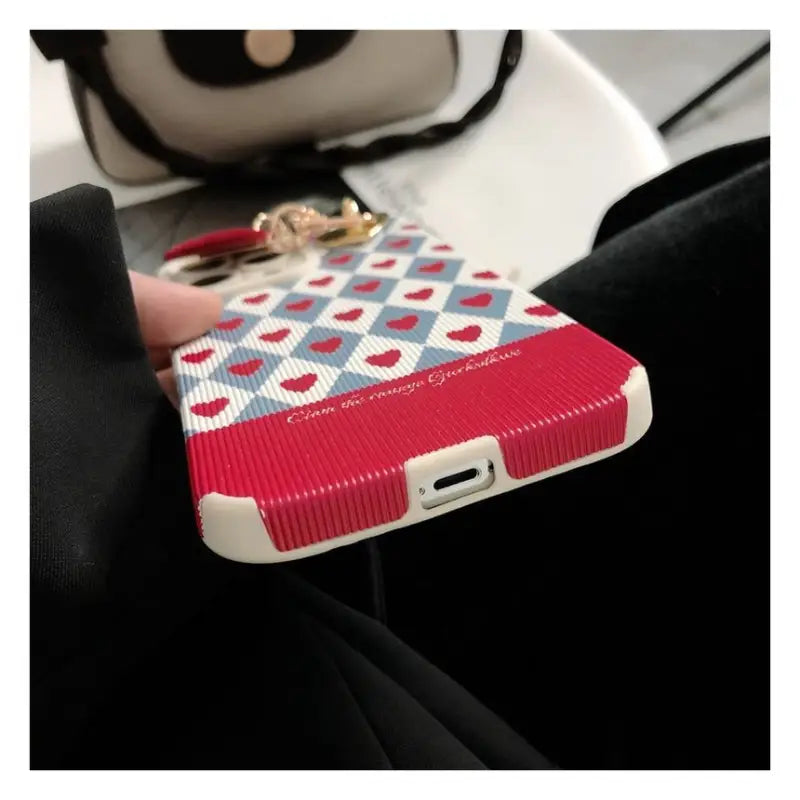 Heart Pom Pom Pendant Argyle Phone Case - iPhone 13 Pro Max / 13 Pro / 13 / 13 mini / 12 Pro Max / 12 Pro / 12 / 12 mini / 11 Pro Max / 11 Pro / 11 / SE / XS Max / XS / XR / X / SE 2 / 8 / 8 Plus / 7 / 7 Plus / 6 / 6 Plus-11