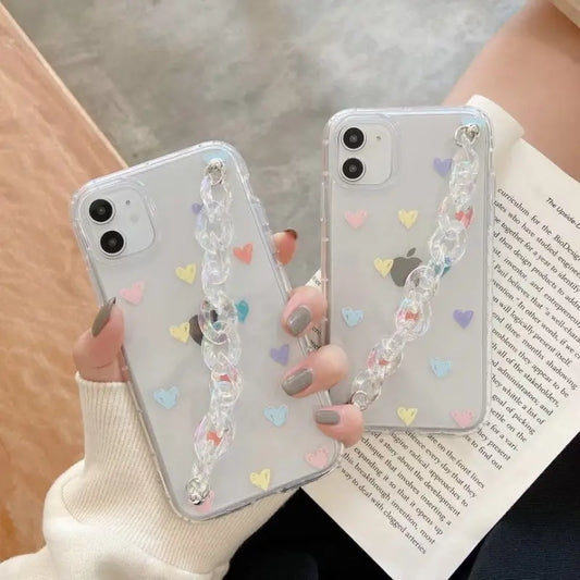 Heart Print Hand Chain Transparent Phone Case - iPhone 11 