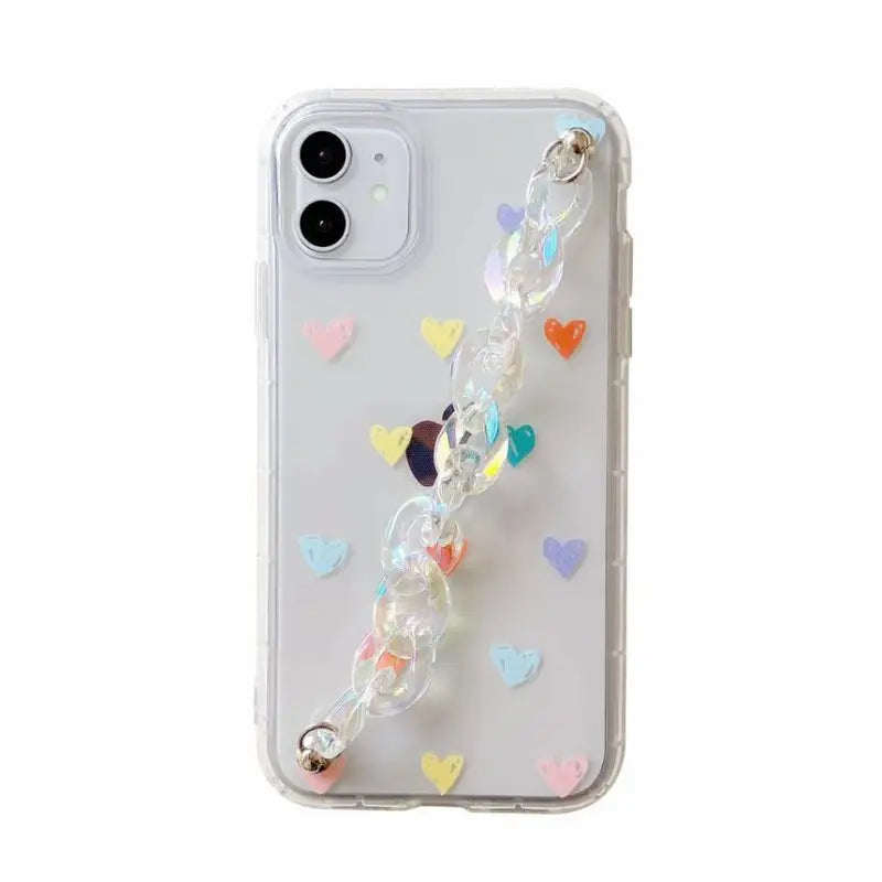 Heart Print Hand Chain Transparent Phone Case - iPhone 11 