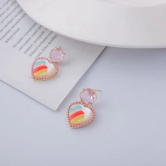 Heart Rainbow Alloy Dangle Earring TY93 - Pink & Red & 