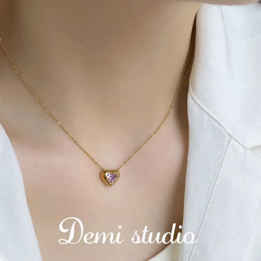 Heart Rhinestone Pendant Alloy Necklace W363 - Gold / One 