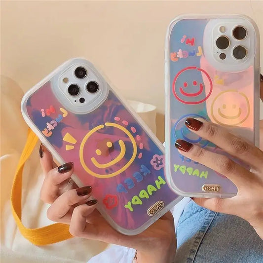 Hologram Smiley Face Print Phone Case - iPhone 13 Pro Max / 13 Pro / 13 / 12 Pro Max / 12 Pro / 12 / 11 Pro Max / 11 Pro / 11 / XS Max / XR / XS / X / 8 Plus / 7 Plus-2