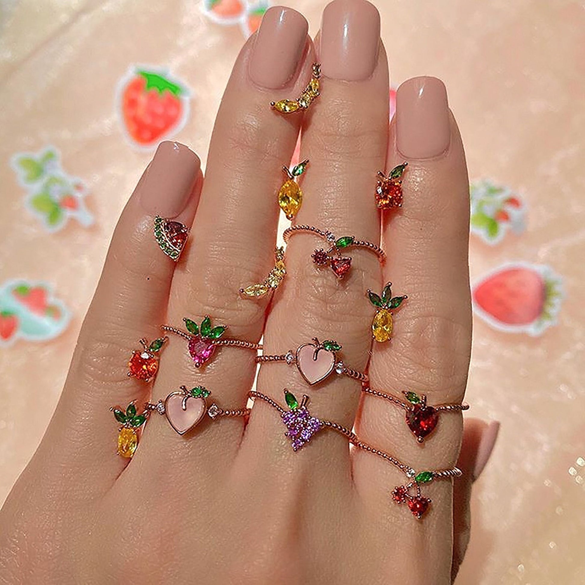 Lovely Colored Zircon Fruit Ring, Strawberry Cherry Apple Grape Ring, Rose Gold and Silver Fruit Ring, Dainty Zircon Jewelry  for Women Girl Wonderland Case