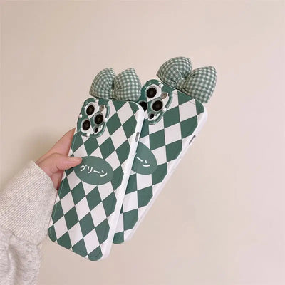 Japanese Lettering Bow Argyle Phone Case - iPhone 13 Pro Max / 13 Pro / 13 / 12 Pro Max / 12 Pro / 12 / 11 Pro Max / 11 Pro / 11 / XS Max / XR / XS / X / 8 Plus / 7 Plus-7