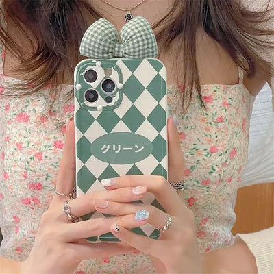 Japanese Lettering Bow Argyle Phone Case - iPhone 13 Pro Max / 13 Pro / 13 / 12 Pro Max / 12 Pro / 12 / 11 Pro Max / 11 Pro / 11 / XS Max / XR / XS / X / 8 Plus / 7 Plus-2