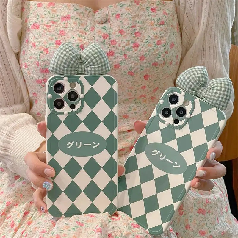 Japanese Lettering Bow Argyle Phone Case - iPhone 13 Pro Max / 13 Pro / 13 / 12 Pro Max / 12 Pro / 12 / 11 Pro Max / 11 Pro / 11 / XS Max / XR / XS / X / 8 Plus / 7 Plus-3