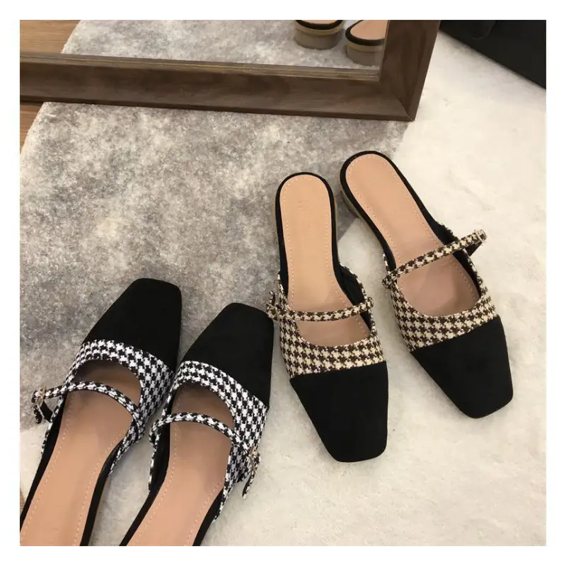 Low Heel Houndstooth Mules E806 - Sandals