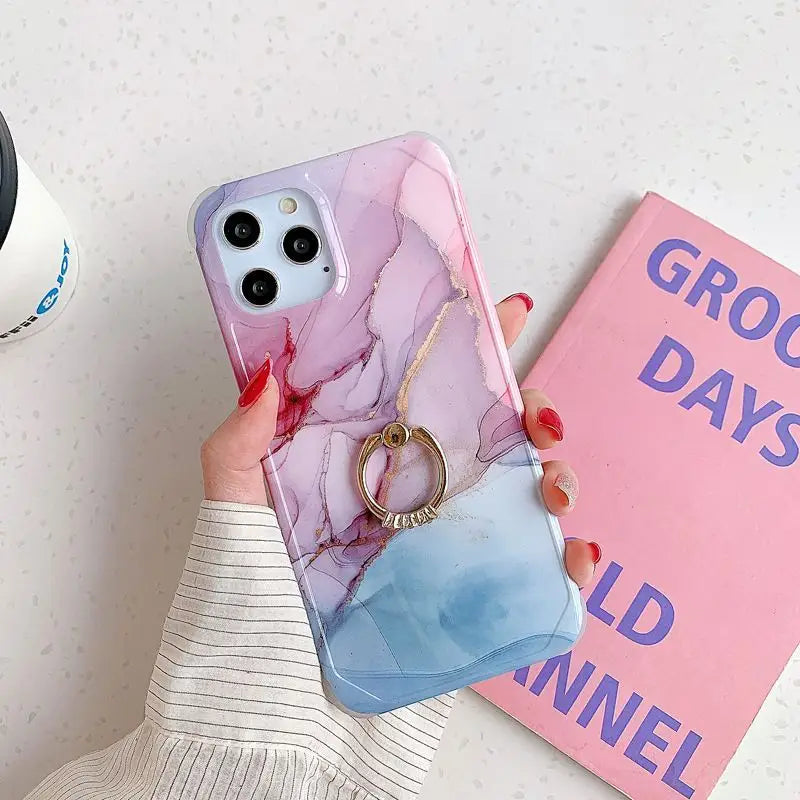 Marble Print Ring Stand Phone Case - iPhone 12 Pro Max / 12 Pro / 12 / 12 mini / 11 Pro Max / 11 Pro / 11 / SE / XS Max / XS / XR / X / SE 2 / 8 / 8 Plus / 7 / 7 Plus-8