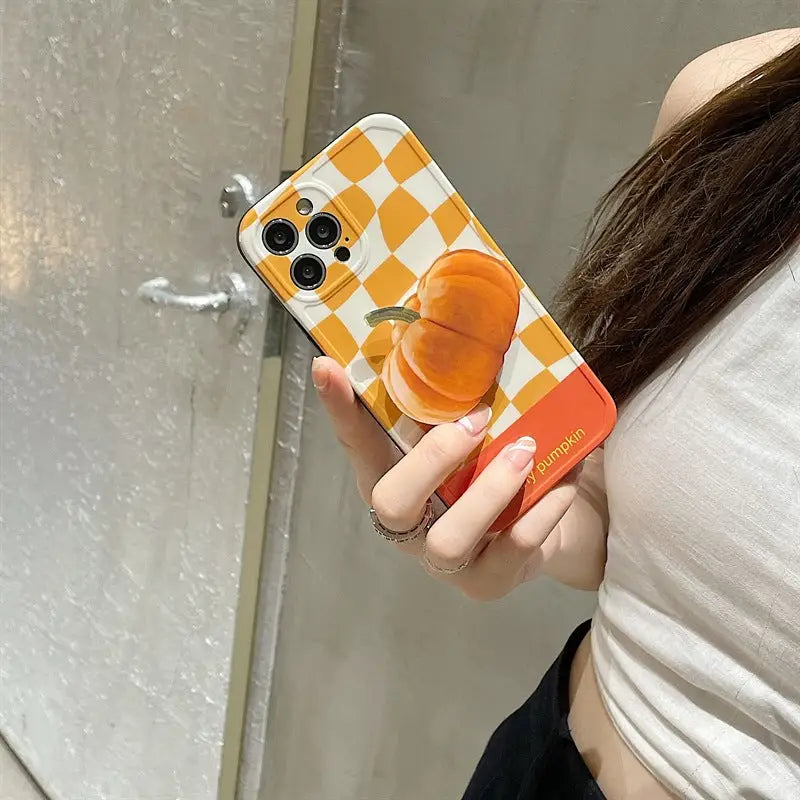 Orange Grid With Pumpkin Holder iPhone Case BP296 - iphone 