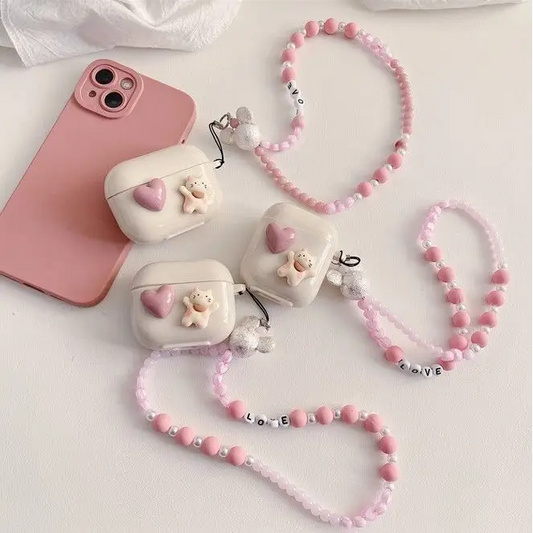 Pink Heart & White Cat Airpods Earphone Case Skin Fz142 - 