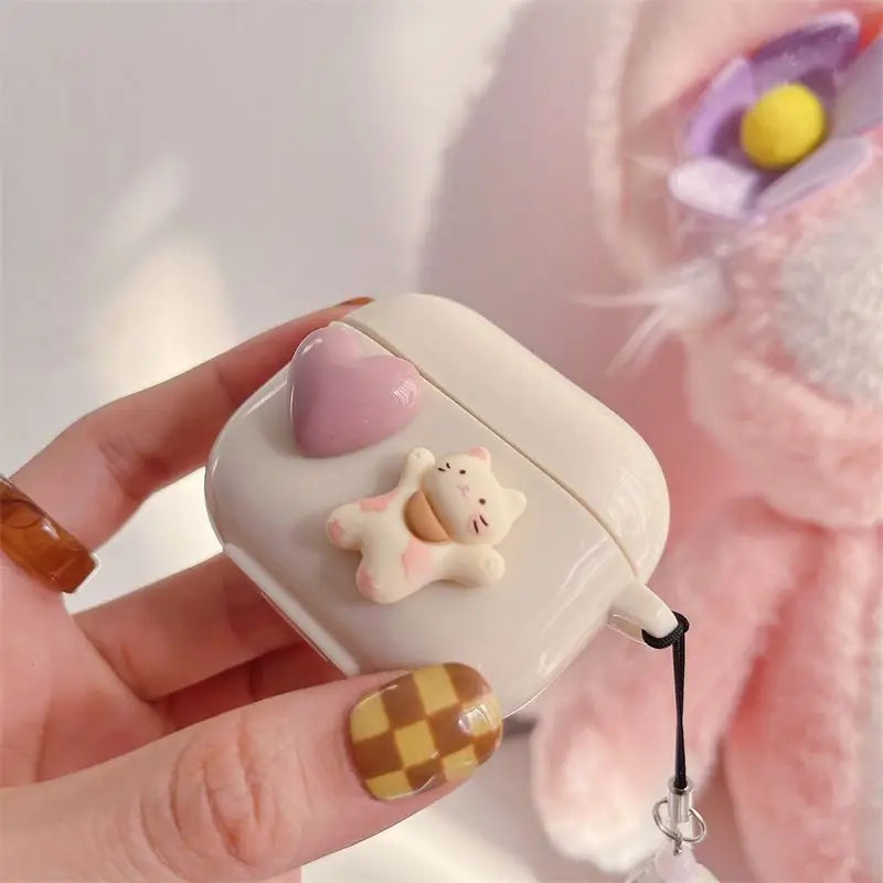 Pink Heart & White Cat Airpods Earphone Case Skin Fz142 - 