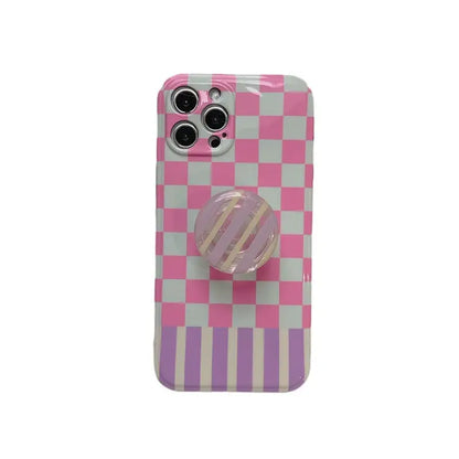 Pink White Grid Printing With Holder iPhone Case BP315 - 