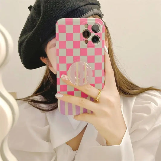 Pink White Grid Printing With Holder iPhone Case BP315 - 