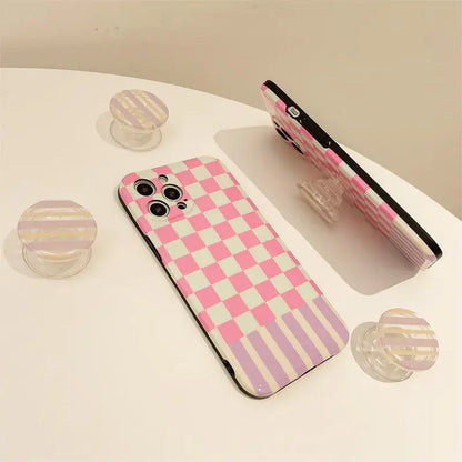 Pink White Grid Printing With Holder iPhone Case BP315 - 