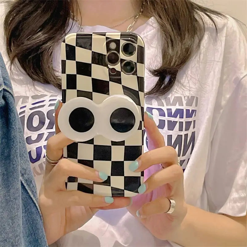 Plaid Cartoon Eyes Stand Phone Case - iPhone 13 Pro Max / 13 Pro / 13 / 12 Pro Max / 12 Pro / 12 / 12 Mini / 11 Pro Max / 11 Pro / 11 / XS Max / XR / XS / X / 8 Plus / 7 Plus / 8 / 7 / SE 2-5